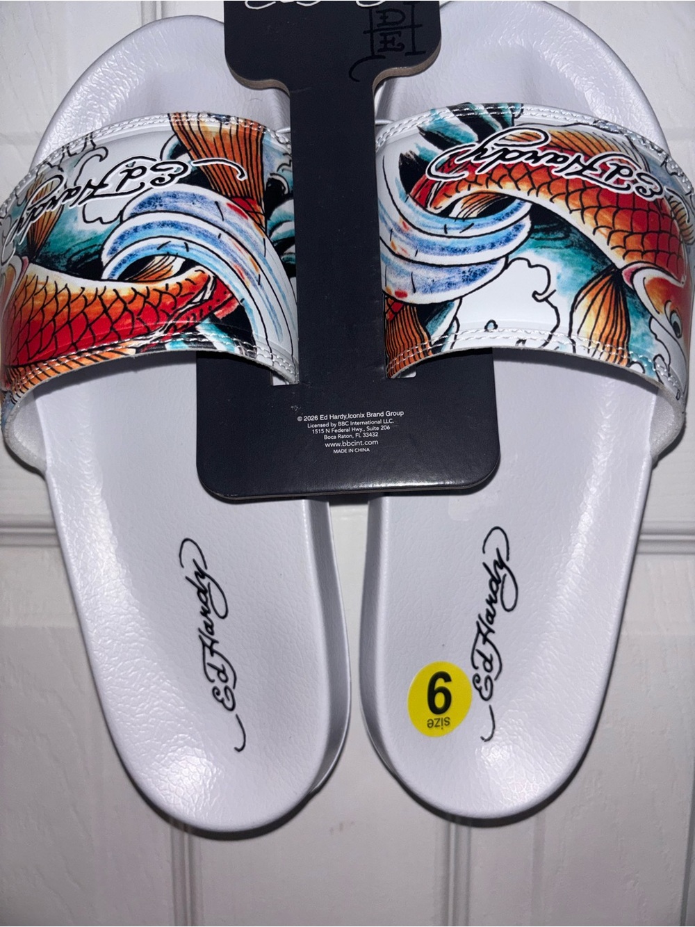 Ed Hardy White Slides with Red & Teal Koi Graphic NWT SIZE 9 - Picture 5 of 9